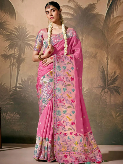 Gorgeous Pink Banarasi Saree with Multi-Color Floral Weaving &amp; Matching Pink Blouse