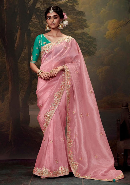 ELEGANT LIGHT PINK ORGANZA SAREE WITH EMBROIDERED BORDER