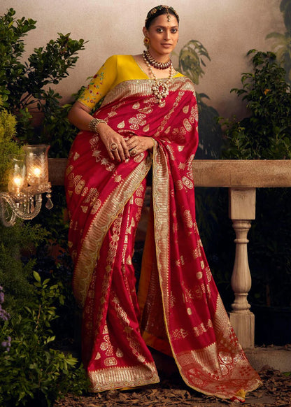 Classic Red Banarasi Silk Saree with Yellow Embroidered Blouse