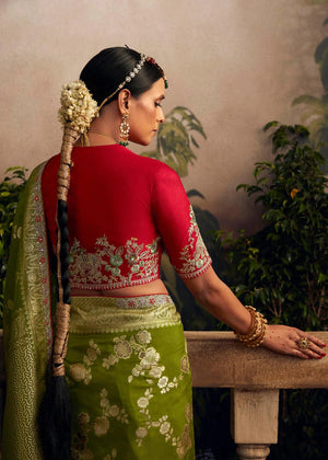 Glamorous Green Zari Woven Dola Silk Wedding Saree with Red Blouse