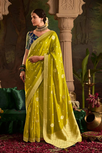 Yellow Banarasi Dola Silk Saree with Contrasting Blue Blouse