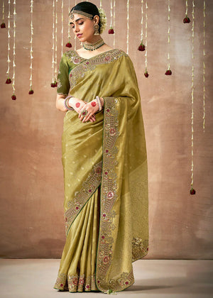 Olive Green Tissue Dola Silk Saree with Zari & Stone Work