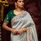 Elegant Silver Grey Banarasi Silk Saree with Red-Pink Floral Thread & Sequin Work