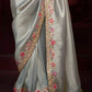 Elegant Silver Grey Banarasi Silk Saree with Red-Pink Floral Thread & Sequin Work