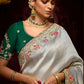 Elegant Silver Grey Banarasi Silk Saree with Red-Pink Floral Thread & Sequin Work