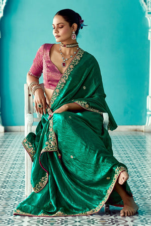 Green Embroidery Pure Tissue Silk Saree with Red Blouse & Crush Fabric