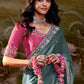 Sage Green Embroidered Designer Silk Saree with Pink Blouse