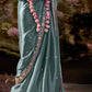 Sage Green Embroidered Designer Silk Saree with Pink Blouse