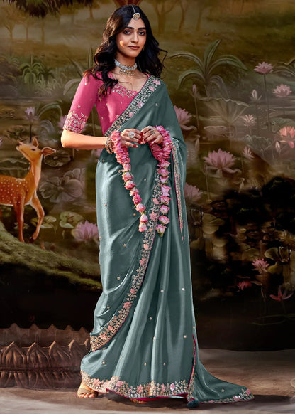 Sage Green Embroidered Designer Silk Saree with Pink Blouse