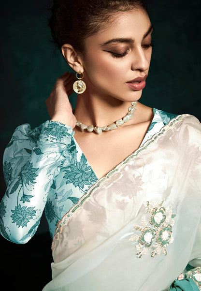 Stylish Green Shade Saree with Designer Printed Blouse