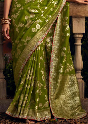 Glamorous Green Zari Woven Dola Silk Wedding Saree with Red Blouse