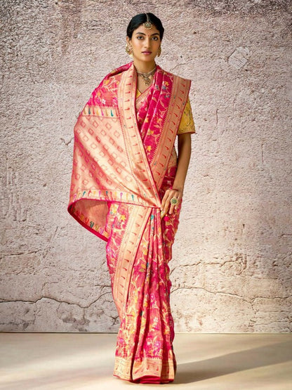 Classic Red Banarasi Silk Saree with Contrast Yellow Blouse