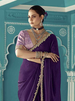 Purple Pure Fancy Silk Saree with Golden Embroidery Work
