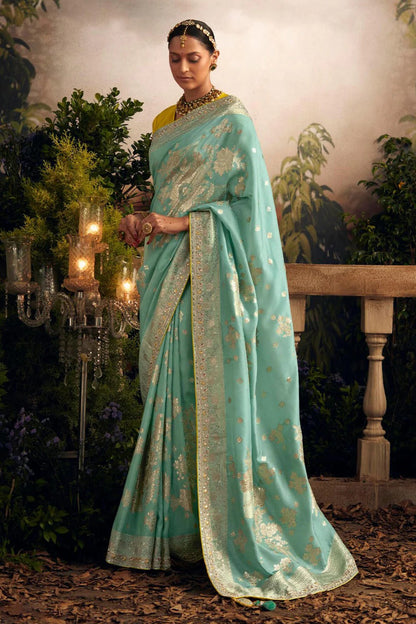 Elegant Green Silk Saree with Contrast Yellow Blouse