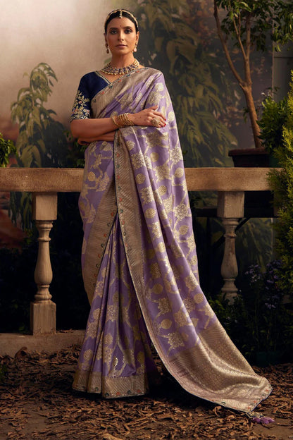 Elegant Lavender Viscose Dola Silk Saree with Contrast Blue Blouse Piece
