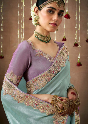 Aqua Blue Silver Kanjivaram Silk Saree with Lavender Blouse