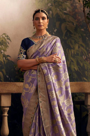 Elegant Lavender Viscose Dola Silk Saree with Contrast Blue Blouse Piece