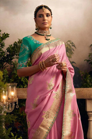 Elegant Pink Viscose Dola Silk Saree with Contrast Green Blouse Piece