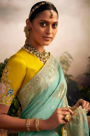 Elegant Green Silk Saree with Contrast Yellow Blouse