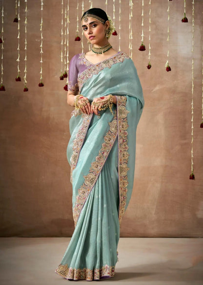 Aqua Blue Silver Kanjivaram Silk Saree with Lavender Blouse