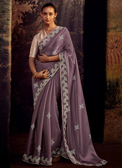 Royal Purple Silk Saree with Light Pink Contrast Blouse