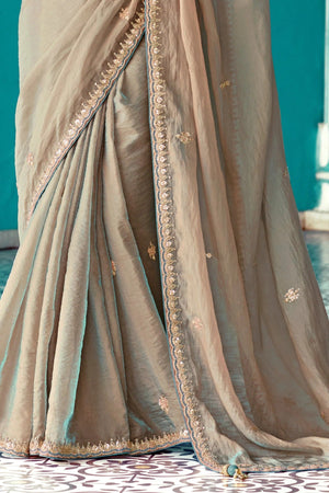 Beige Embroidery Tissue Silk Saree with Sea Green Blouse