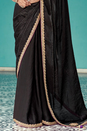 Black Tissue Silk Saree with Golden Border & Purple Blouse