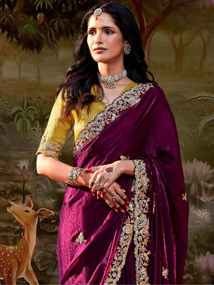 WINE EMBROIDERED ORGANZA SAREE - Kimora.in