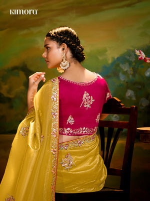 SUNSHINE ELEGANCE: YELLOW SILK SAREE WITH RED BLOUSE & COLORFUL EMBROIDERY
