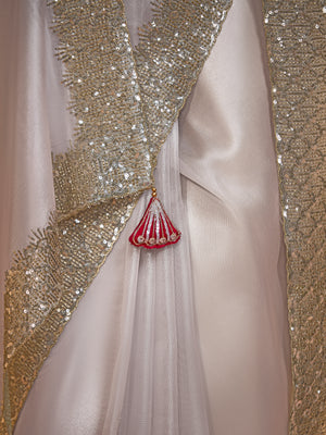 Off-White Organza Saree with Red Blouse