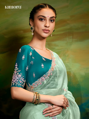 Elegant Sea Green Pure Tissue Silk Saree with Floral Embroidery
