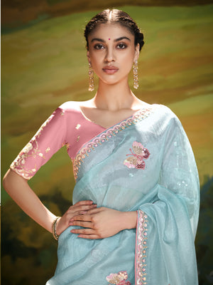 Aqua Blue Saree with Red Blouse