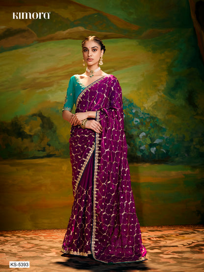Maroon Designer Silk Saree with Sequin Work & Teal Blouse