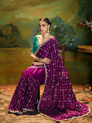 Maroon Designer Silk Saree with Sequin Work & Teal Blouse