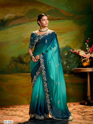 PEACOCK GRACE: DUAL TONE SAREE WITH ZARI & SEQUIN EMBROIDERY