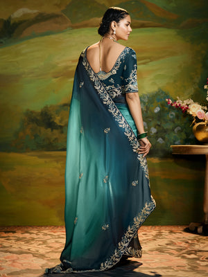 PEACOCK GRACE: DUAL TONE SAREE WITH ZARI & SEQUIN EMBROIDERY