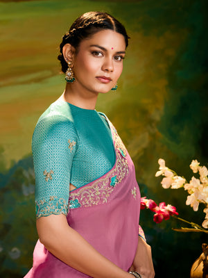 The Pink Silk saree with teal blouse
