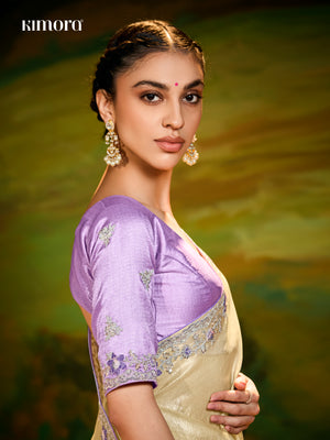 Beige Saree with Silver Embroidery & Purple Blouse