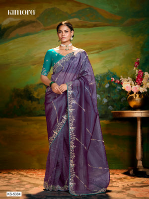 Purple Organza Crush Saree with Silver Sequins Embroidery