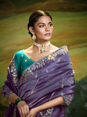 Purple Organza Crush Saree with Silver Sequins Embroidery
