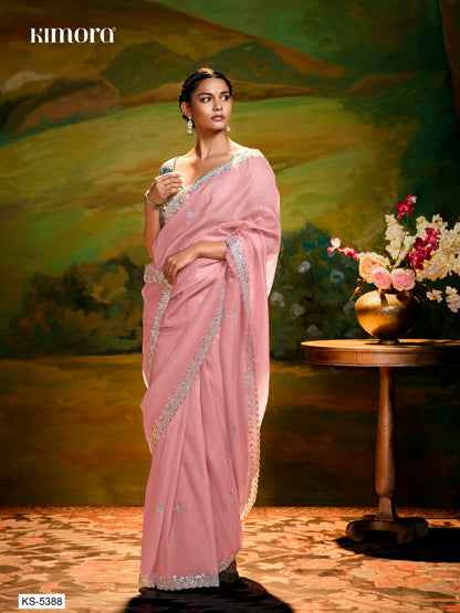Embroidery Designer Peach Fancy Wedding Saree with Multi-Color Silk Blouse