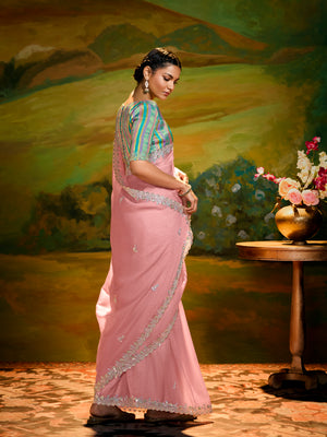 Embroidery Designer Peach Fancy Wedding Saree with Multi-Color Silk Blouse