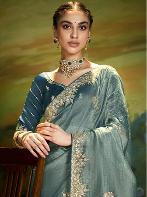 Dark Green Fancy Embroidery Saree with Handwork