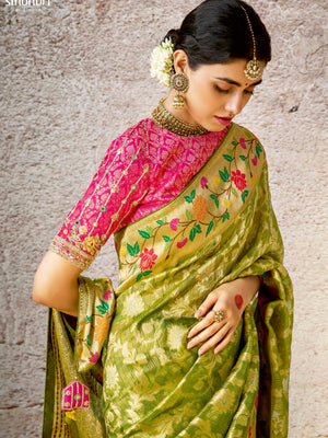 Traditional Green Banarasi Silk Saree with Contrast Red Blouse