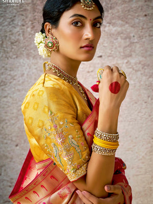 Classic Red Banarasi Silk Saree with Contrast Yellow Blouse