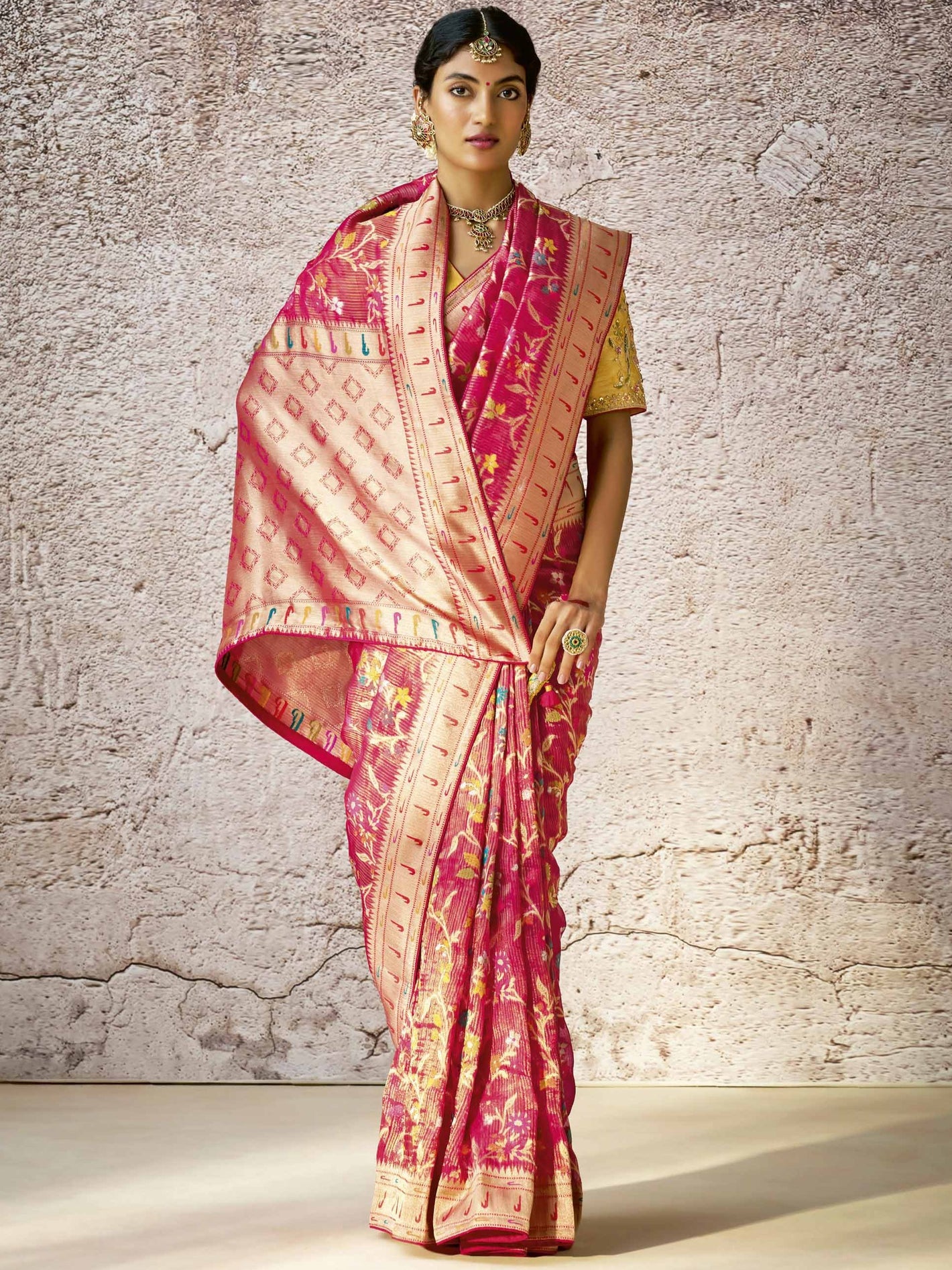 Red Banarasi Silk Saree with Contrast Yellow Blouse