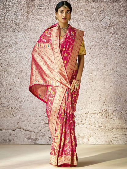 Classic Red Banarasi Silk Saree with Contrast Yellow Blouse