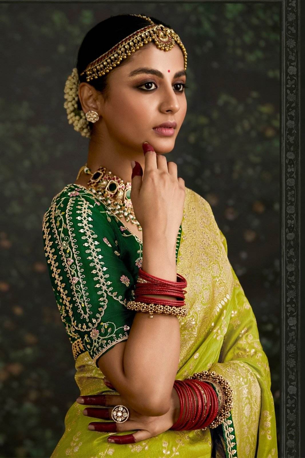 GREEN BANARASI DOLA SILK SAREE WITH EMBELLISHED BLOUSE - Kimora.in