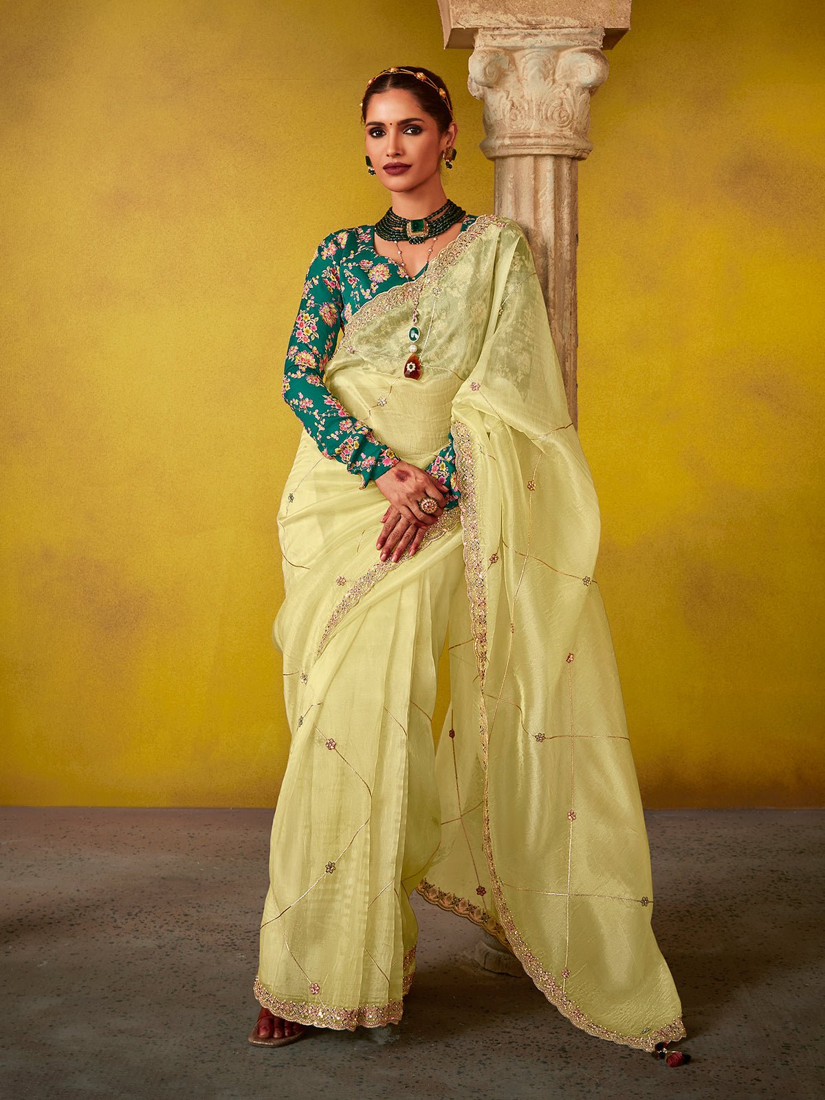 Lemon Yellow Saree with Embroidered Teal Blouse
