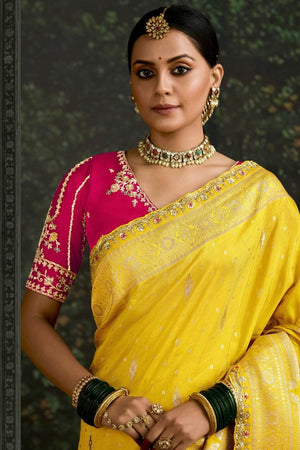 MUSTARD YELLOW BANARASI DOLA SILK SAREE - Kimora.in